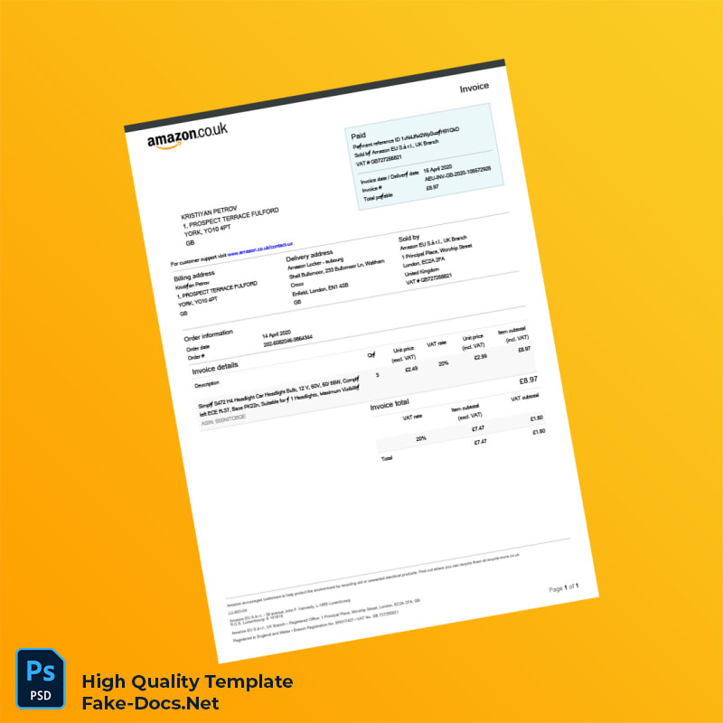 UK Amazon EU S à r l UK Branch Invoice Template in Word and PDF formats UK Amazon EU S à r l UK Branch Invoice Template in Word and PDF formats