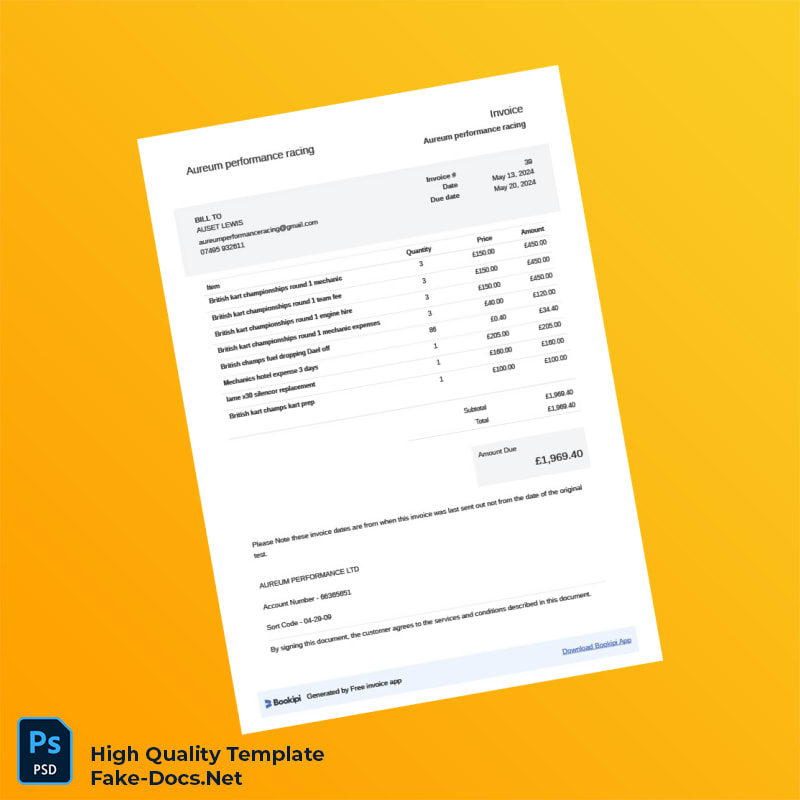 UK Aureum Performance Racing Invoice Template in Word and PDF formats 2 page UK Aureum Performance Racing Invoice Template in Word and PDF formats 2 page