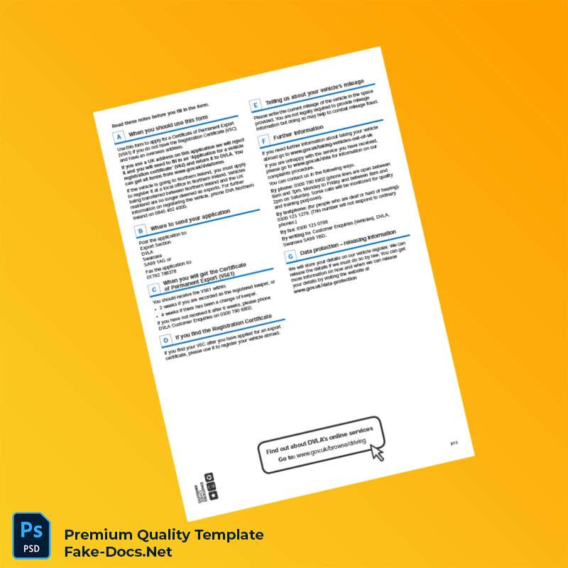 UK DVLA Certificate of Permanent Export Application Form V561 Template (Word & PDF) 2 page UK DVLA Certificate of Permanent Export Application Form V561 Template (Word & PDF) 2 page