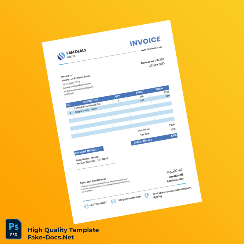 UK Famdeals Invoice Template in Word and PDF formats UK Famdeals Invoice Template in Word and PDF formats