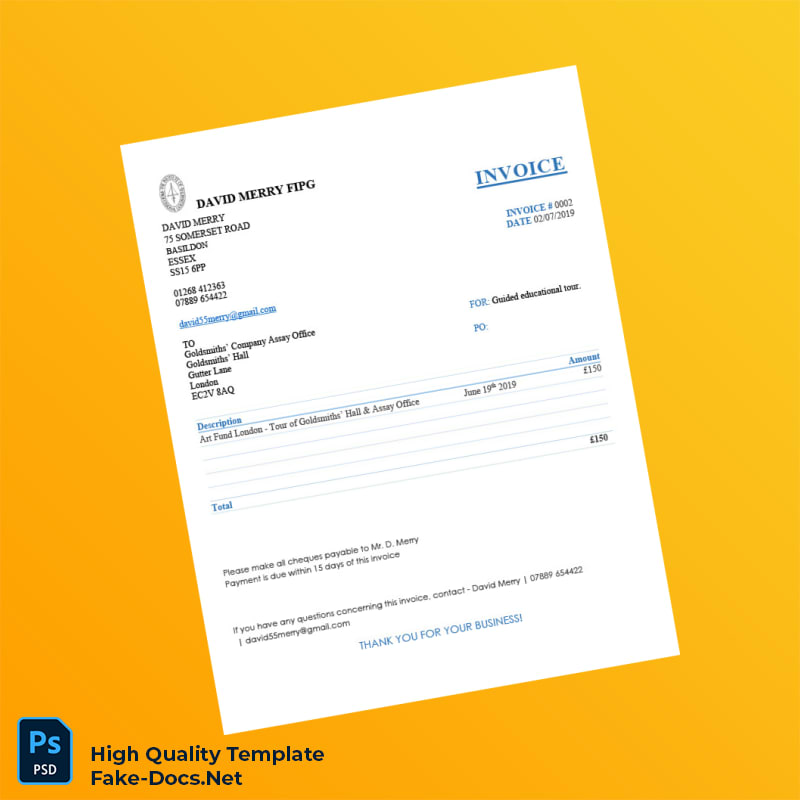 UK Goldsmiths Company Assay Office Invoice Template in Word and PDF formats UK Goldsmiths Company Assay Office Invoice Template in Word and PDF formats