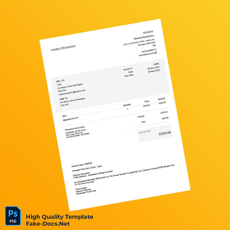 UK Hestia Electronics Invoice Template in Word and PDF formats UK Hestia Electronics Invoice Template in Word and PDF formats