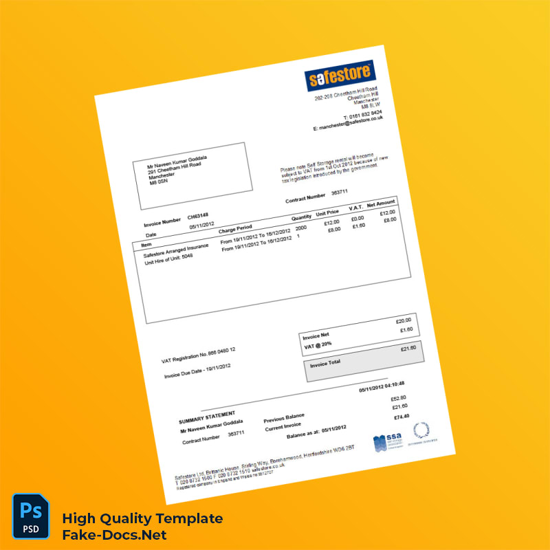 UK Safestore Invoice Template in Word and PDF formats UK Safestore Invoice Template in Word and PDF formats