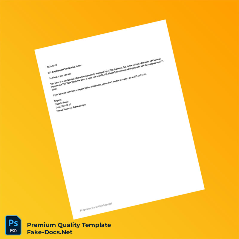 USA ACME Americas Inc Employment Verification Letter Template (Word & PDF) USA ACME Americas Inc Employment Verification Letter Template (Word & PDF)