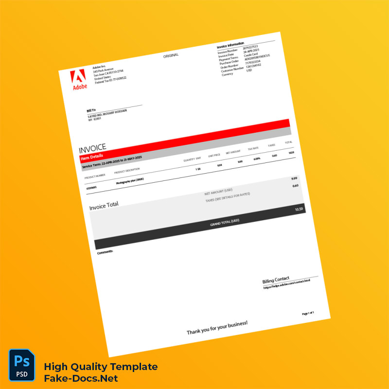 USA Adobe Inc Invoice Template in Word and PDF formats USA Adobe Inc Invoice Template in Word and PDF formats