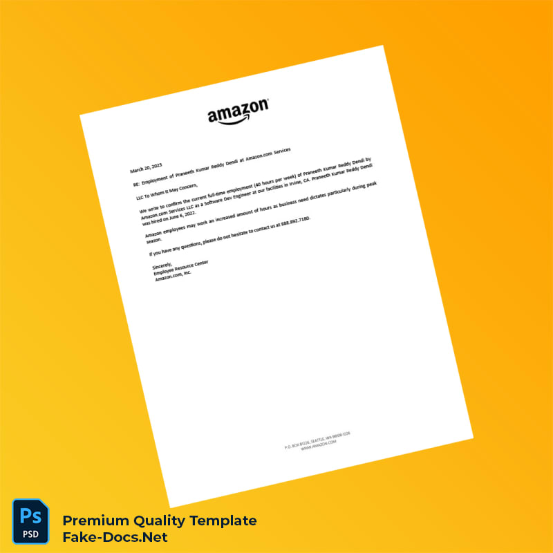 USA Amazon com Services LLC Employment Verification Letter Template (Word & PDF) USA Amazon com Services LLC Employment Verification Letter Template (Word & PDF)
