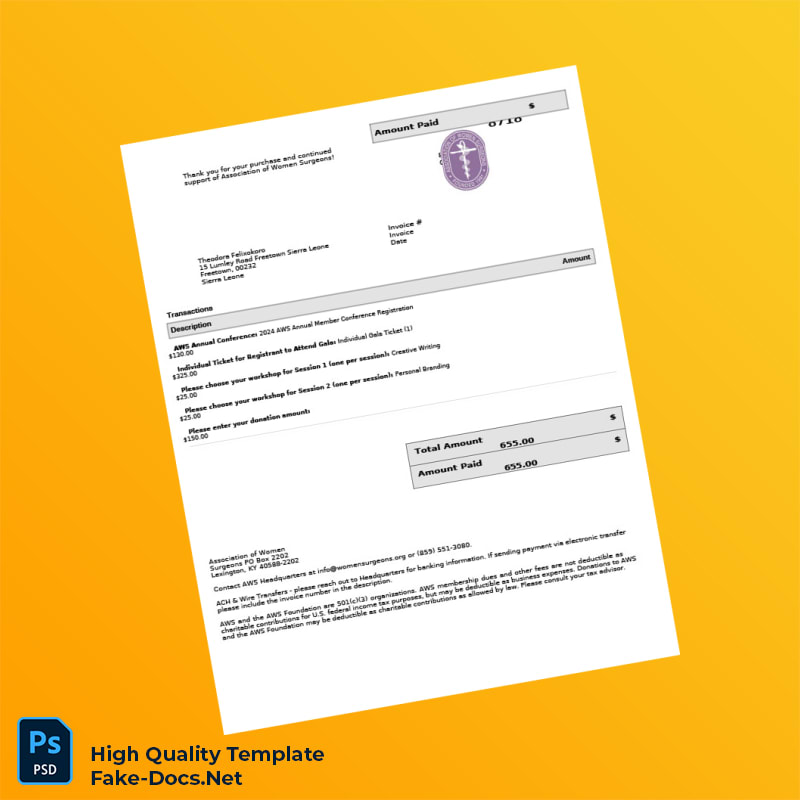 USA Association of Women Surgeons Invoice Template in Word and PDF formats USA Association of Women Surgeons Invoice Template in Word and PDF formats