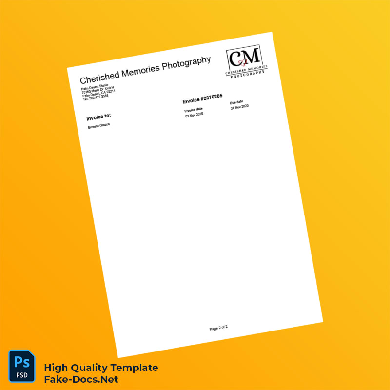 USA Cherished Memories Photography Invoice Template in Word and PDF formats 2 page USA Cherished Memories Photography Invoice Template in Word and PDF formats 2 page