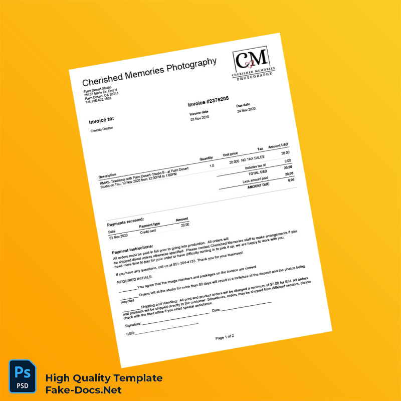 USA Cherished Memories Photography Invoice Template in Word and PDF formats 2 page USA Cherished Memories Photography Invoice Template in Word and PDF formats 2 page