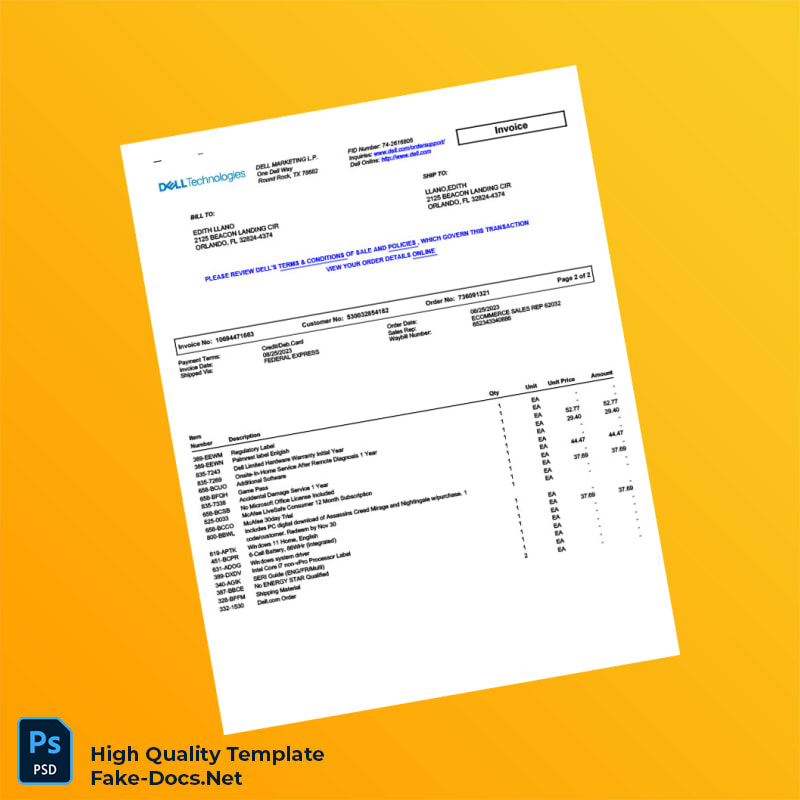 USA Dell Marketing L P Invoice Template in Word and PDF formats 2 page USA Dell Marketing L P Invoice Template in Word and PDF formats 2 page