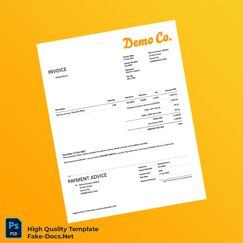 USA Demo Company Invoice Template in Word and PDF formats USA Demo Company Invoice Template in Word and PDF formats