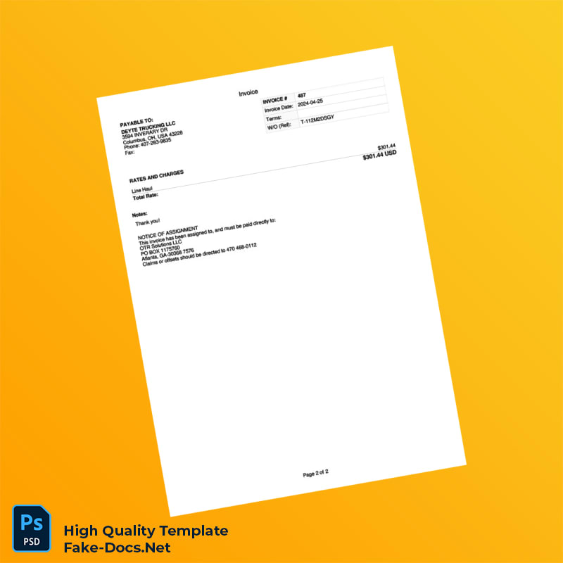 USA Deyte Trucking LLC Invoice Template in Word and PDF formats 2 page USA Deyte Trucking LLC Invoice Template in Word and PDF formats 2 page