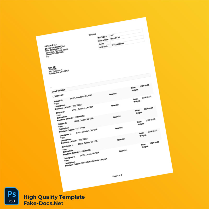 USA Deyte Trucking LLC Invoice Template in Word and PDF formats 2 page USA Deyte Trucking LLC Invoice Template in Word and PDF formats 2 page