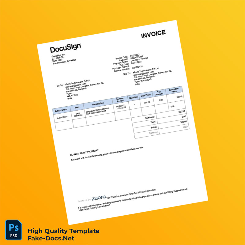USA DocuSign Invoice Template in Word and PDF formats USA DocuSign Invoice Template in Word and PDF formats