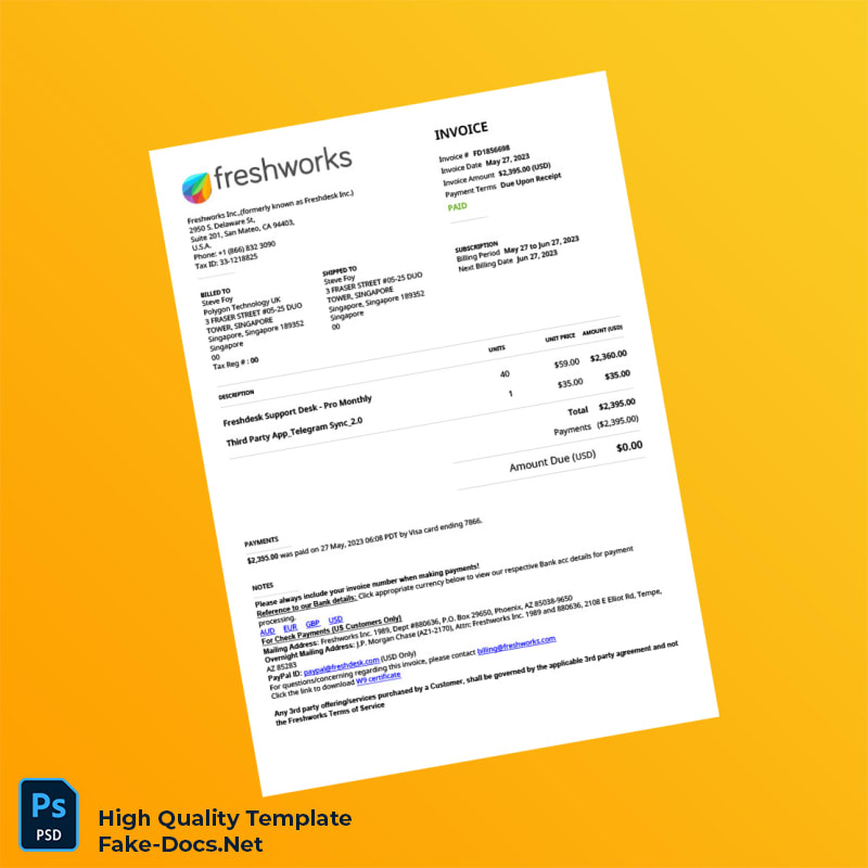 USA Freshworks Inc Invoice Template in Word and PDF formats USA Freshworks Inc Invoice Template in Word and PDF formats
