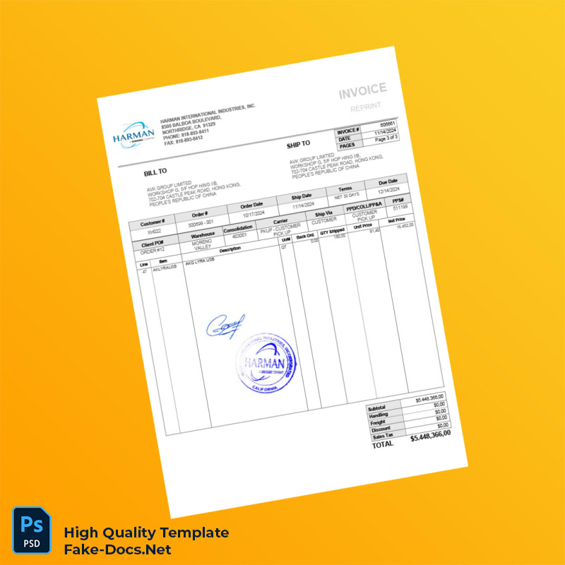 USA Harman International Industries Inc Invoice Template in Word and PDF formats 3 page USA Harman International Industries Inc Invoice Template in Word and PDF formats 3 page