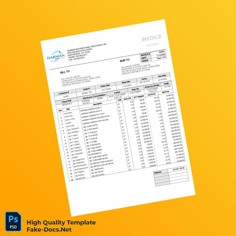 USA Harman International Industries Inc Invoice Template in Word and PDF formats 3 page USA Harman International Industries Inc Invoice Template in Word and PDF formats 3 page