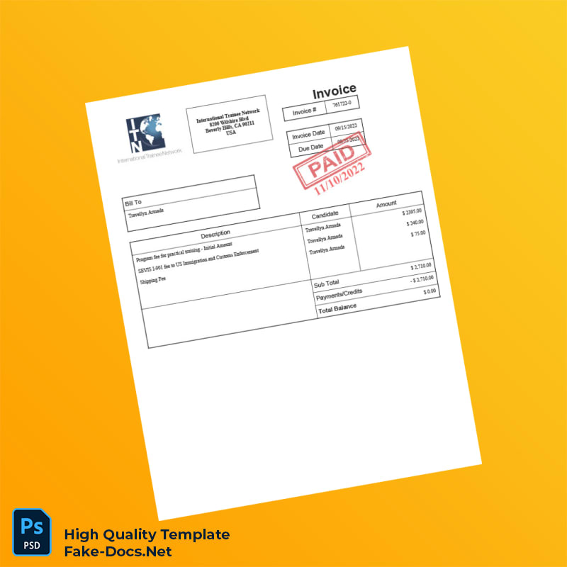 USA International Trainee Network Invoice Template in Word and PDF formats USA International Trainee Network Invoice Template in Word and PDF formats