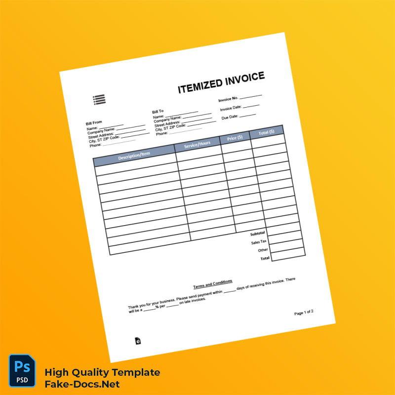 USA Itemized Invoice Template in Word and PDF formats 2 page USA Itemized Invoice Template in Word and PDF formats 2 page