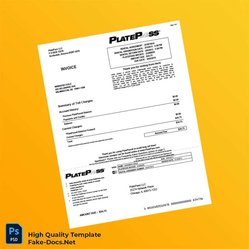 USA PlatePass LLC Invoice Template in Word and PDF formats 3 page USA PlatePass LLC Invoice Template in Word and PDF formats 3 page