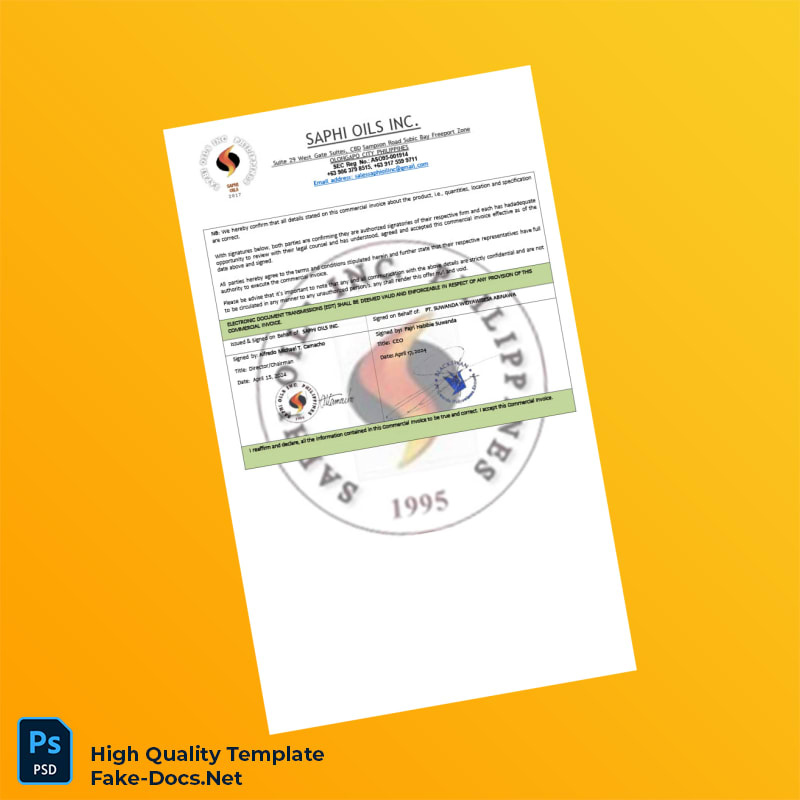 USA Saphi Oils Inc Commercial Invoice Template in Word and PDF formats 6 page USA Saphi Oils Inc Commercial Invoice Template in Word and PDF formats 6 page