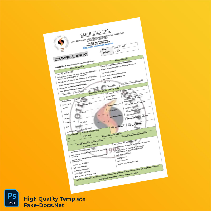 USA Saphi Oils Inc Commercial Invoice Template in Word and PDF formats 6 page USA Saphi Oils Inc Commercial Invoice Template in Word and PDF formats 6 page