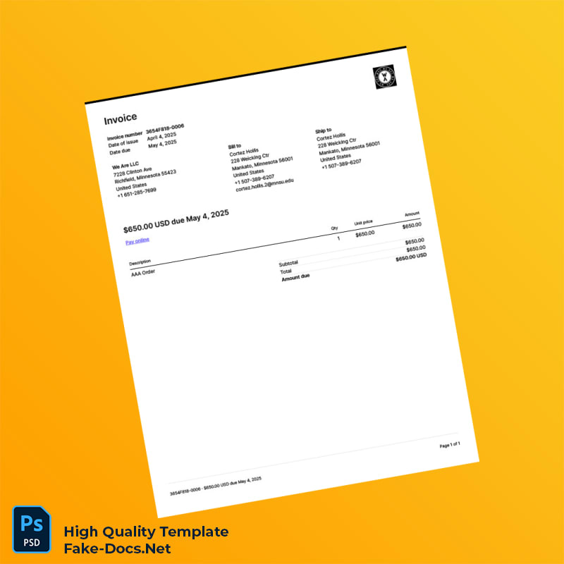 USA We Are LLC Invoice Template in Word and PDF formats USA We Are LLC Invoice Template in Word and PDF formats