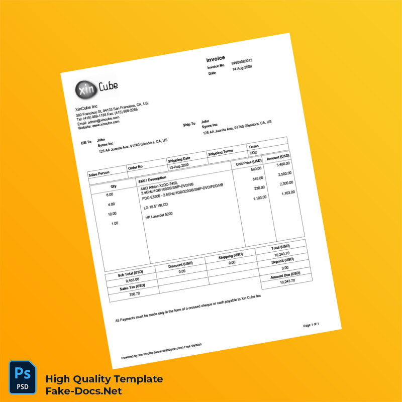 USA XinCube Inc Invoice Template in Word and PDF formats USA XinCube Inc Invoice Template in Word and PDF formats