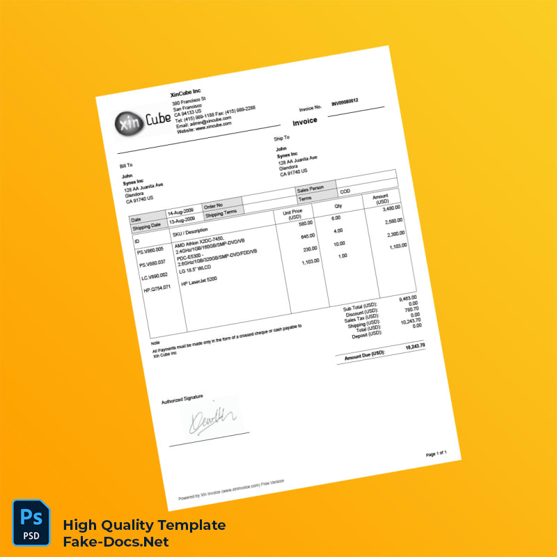 USA XinCube Inc Invoice Template in Word and PDF formats USA XinCube Inc Invoice Template in Word and PDF formats