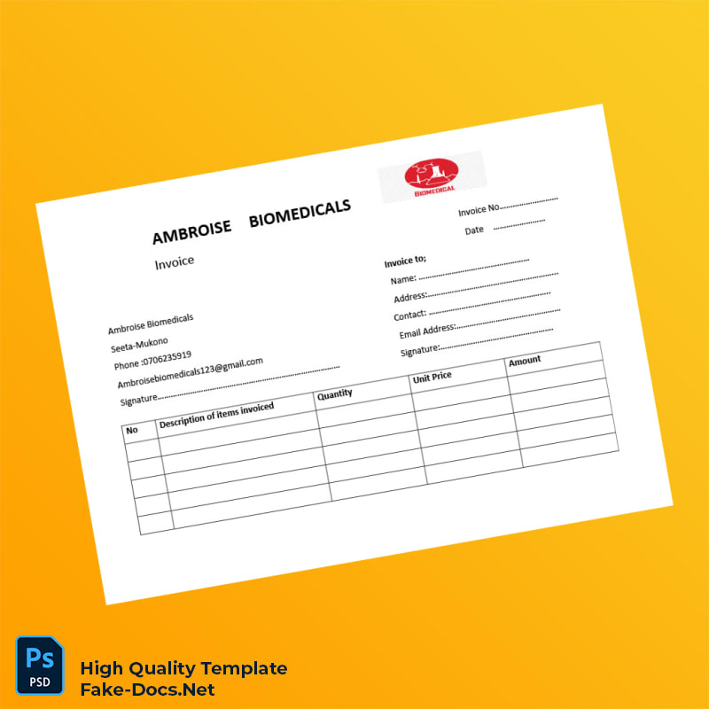 Uganda Ambroise Biomedicals Invoice Template in Word and PDF formats 2 page Uganda Ambroise Biomedicals Invoice Template in Word and PDF formats 2 page