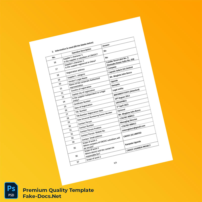 Uganda CNOOC Business Registration Certificate Template (Word & PDF) 4 page Uganda CNOOC Business Registration Certificate Template (Word & PDF) 4 page