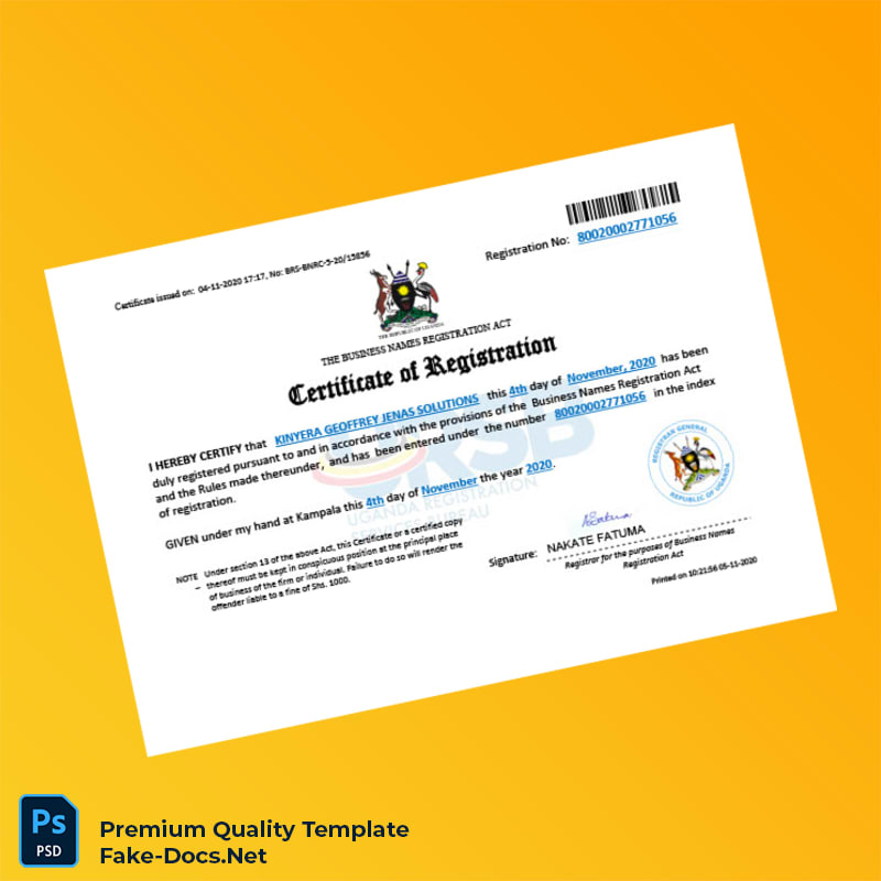Uganda Registrar of Business Names Business Name Registration Certificate Template (Word & PDF) 3 page Uganda Registrar of Business Names Business Name Registration Certificate Template (Word & PDF) 3 page