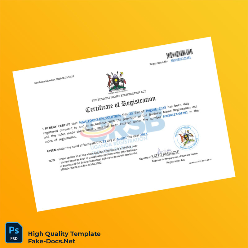 Uganda Registrar of Businesses Business Name Registration Certificate Template in Word and PDF formats Uganda Registrar of Businesses Business Name Registration Certificate Template in Word and PDF formats