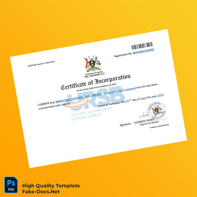 Uganda Registrar of Companies Certificate of Incorporation Template in Word and PDF formats Uganda Registrar of Companies Certificate of Incorporation Template in Word and PDF formats