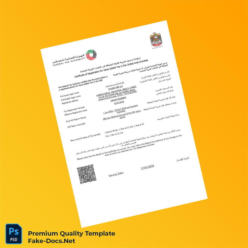 United Arab Emirates Federal Tax Authority VAT Registration Certificate Template (Word & PDF) United Arab Emirates Federal Tax Authority VAT Registration Certificate Template (Word & PDF)