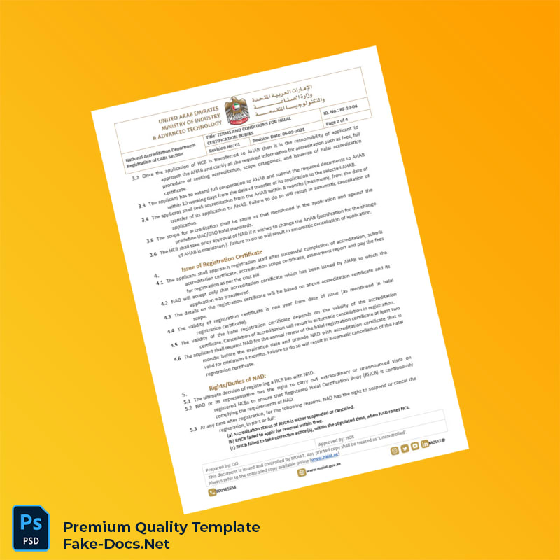 United Arab Emirates National Accreditation Department Halal Certification Terms and Conditions Document Template in Word and PD 4 page United Arab Emirates National Accreditation Department Halal Certification Terms and Conditions Document Template in Word and PD 4 page