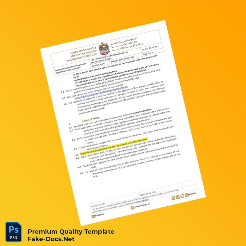 United Arab Emirates National Accreditation Department Halal Certification Terms and Conditions Document Template in Word and PD 4 page United Arab Emirates National Accreditation Department Halal Certification Terms and Conditions Document Template in Word and PD 4 page