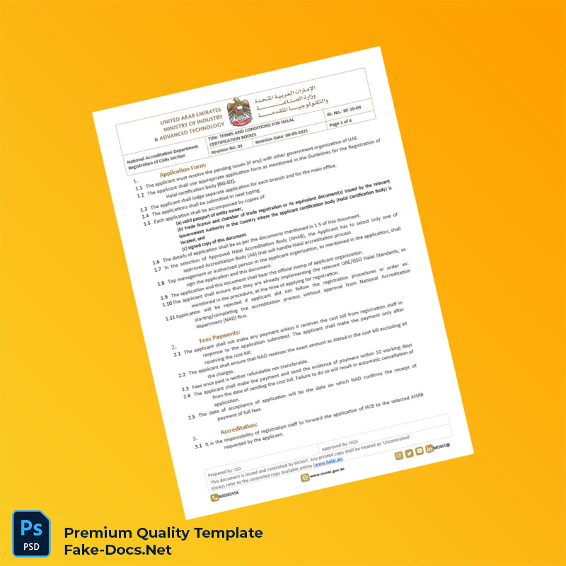United Arab Emirates National Accreditation Department Halal Certification Terms and Conditions Document Template in Word and PD 4 page United Arab Emirates National Accreditation Department Halal Certification Terms and Conditions Document Template in Word and PD 4 page