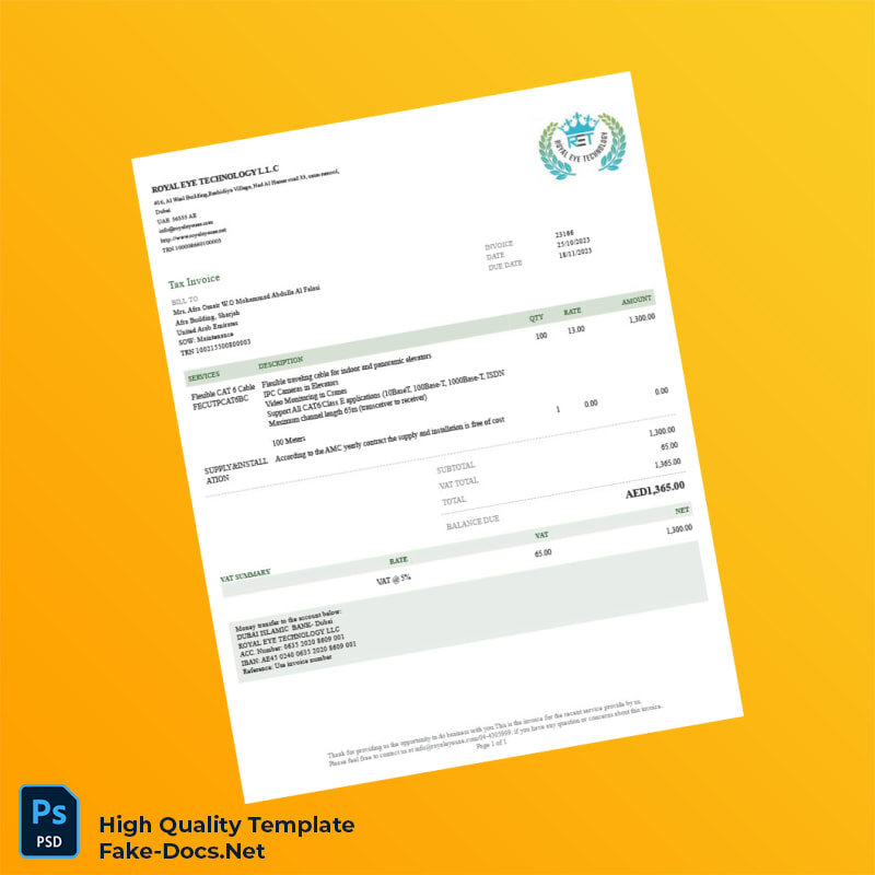 United Arab Emirates Royal Eye Technology LLC Invoice Template in Word and PDF formats United Arab Emirates Royal Eye Technology LLC Invoice Template in Word and PDF formats