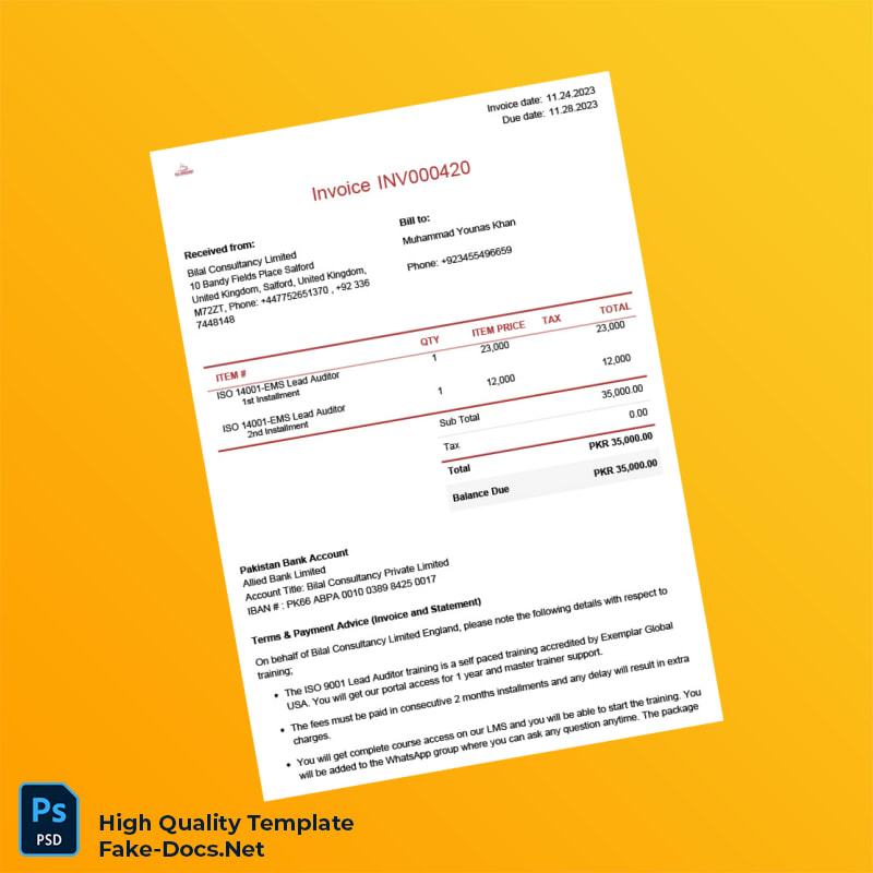 United Kingdom Bilal Consultancy Limited Invoice Template in Word and PDF formats 2 page United Kingdom Bilal Consultancy Limited Invoice Template in Word and PDF formats 2 page