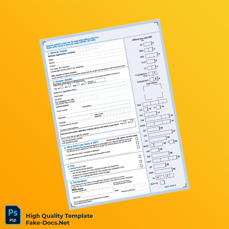 United Kingdom DVLA Application for a Registration Certificate Template in Word and PDF formats 2 page United Kingdom DVLA Application for a Registration Certificate Template in Word and PDF formats 2 page