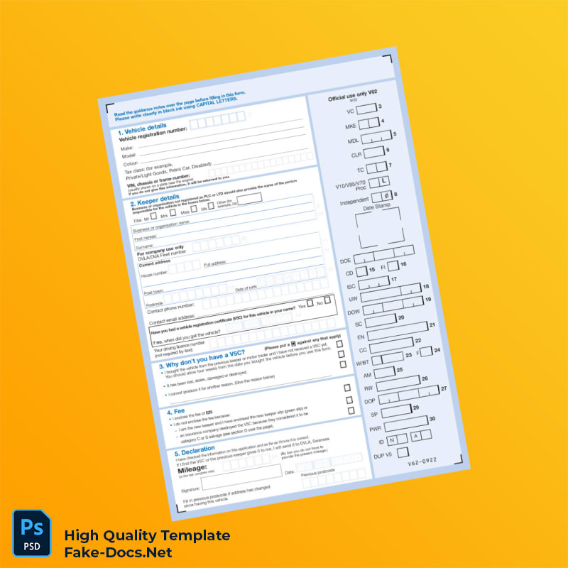 United Kingdom DVLA Registration Certificate Template in Word and PDF formats 2 page United Kingdom DVLA Registration Certificate Template in Word and PDF formats 2 page