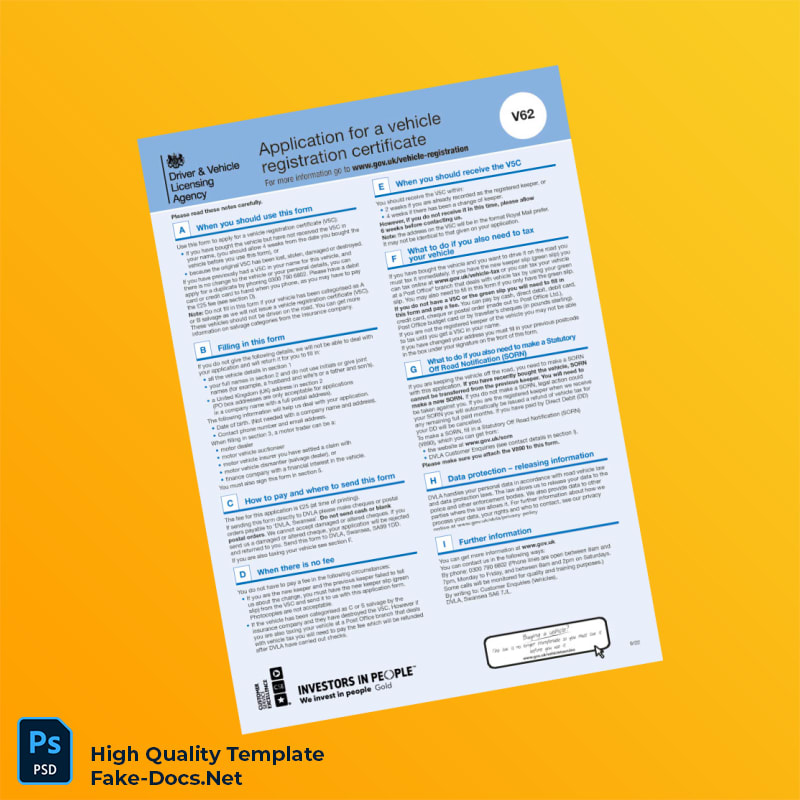 United Kingdom DVLA Registration Certificate Template in Word and PDF formats 2 page United Kingdom DVLA Registration Certificate Template in Word and PDF formats 2 page