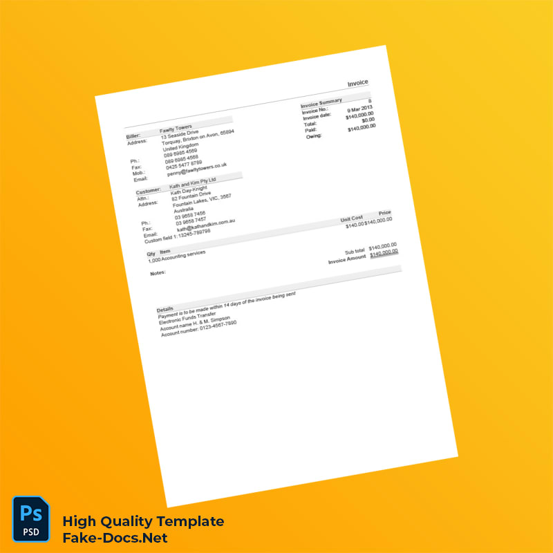 United Kingdom Fawlty Towers Invoice Template in Word and PDF formats United Kingdom Fawlty Towers Invoice Template in Word and PDF formats