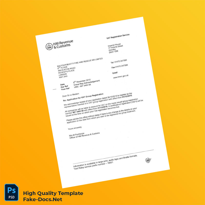 United Kingdom HM Revenue Customs VAT Registration Certificate Template in Word and PDF formats 3 page United Kingdom HM Revenue Customs VAT Registration Certificate Template in Word and PDF formats 3 page