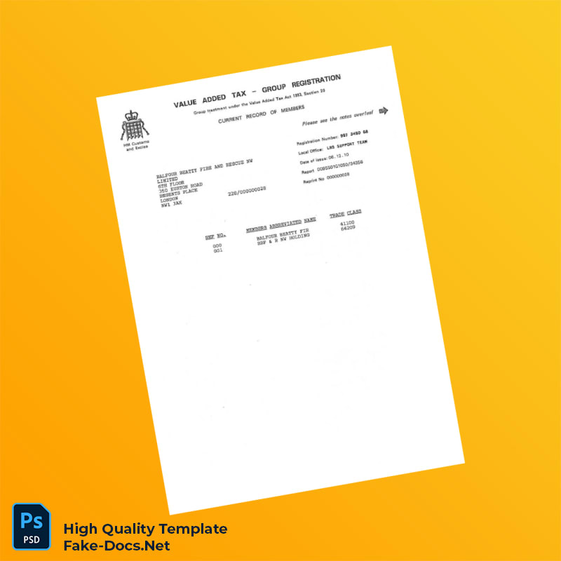 United Kingdom HM Revenue Customs VAT Registration Certificate Template in Word and PDF formats 3 page United Kingdom HM Revenue Customs VAT Registration Certificate Template in Word and PDF formats 3 page