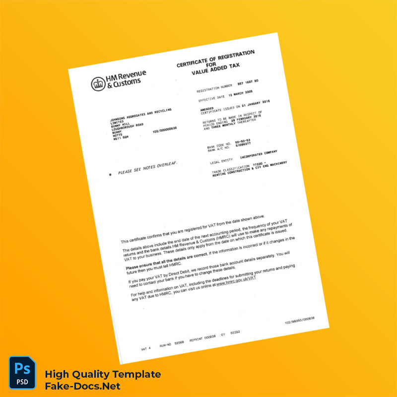 United Kingdom HMRC VAT Registration Certificate Template in Word and PDF formats 2 page United Kingdom HMRC VAT Registration Certificate Template in Word and PDF formats 2 page