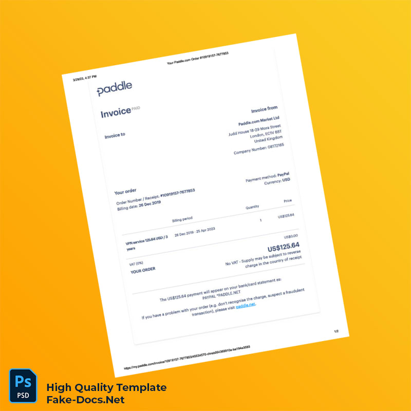 United Kingdom Paddle com Market Ltd Invoice Template in Word and PDF formats 2 page United Kingdom Paddle com Market Ltd Invoice Template in Word and PDF formats 2 page
