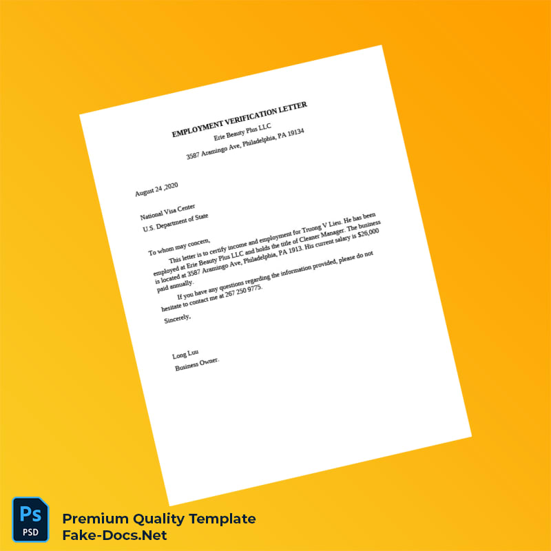 United States Erie Beauty Plus LLC Employment Verification Letter Template (Word & PDF) United States Erie Beauty Plus LLC Employment Verification Letter Template (Word & PDF)