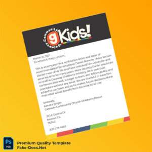 United States Gateway Community Church Employment Verification Letter Template (Word & PDF)